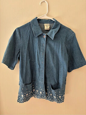 Alison Daley Blue Embroidered Button Front Top